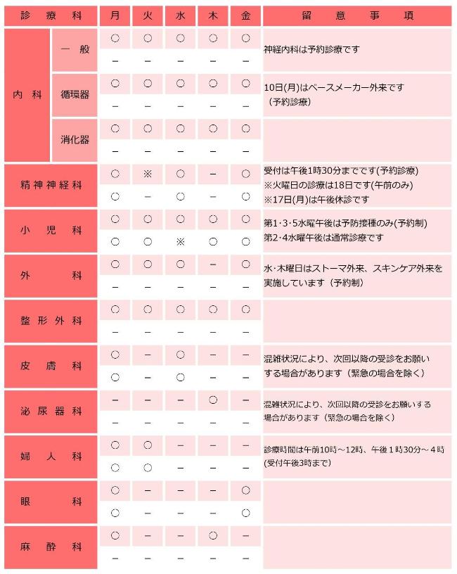 2026年8月外来診療表