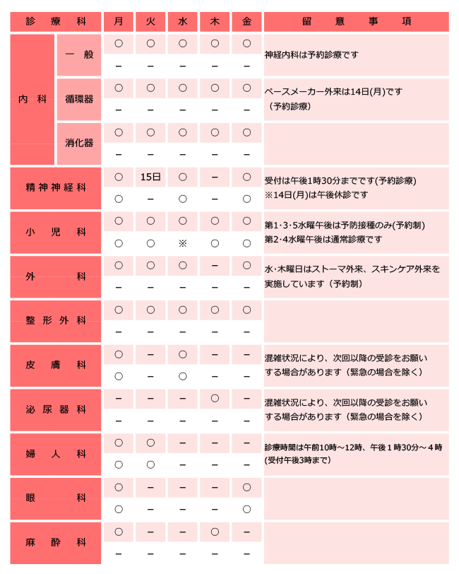 2026年8月外来診療表
