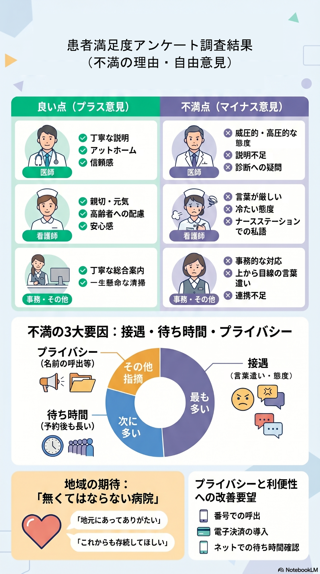 患者満足度アンケート調査結果における不満の理由・自由意見についてまとめた画像