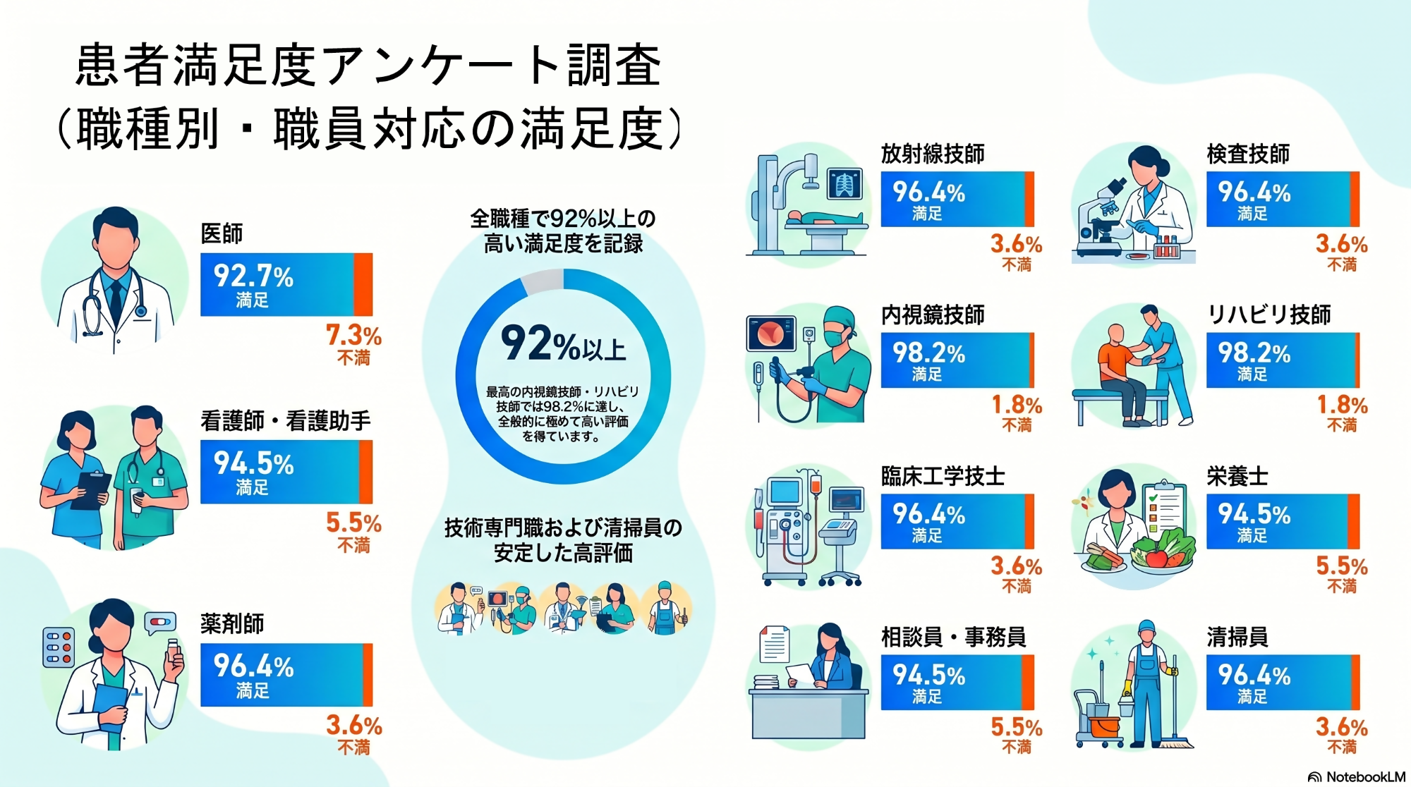 患者満足度アンケート調査結果における職種別・職員対応の満足度についてまとめた画像