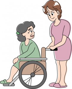 年配女性が車いすに乗っており、ピンク色の服を着た女性が車いすを押しているイラスト