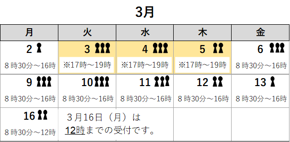 市役所会場3月の申告受付日程