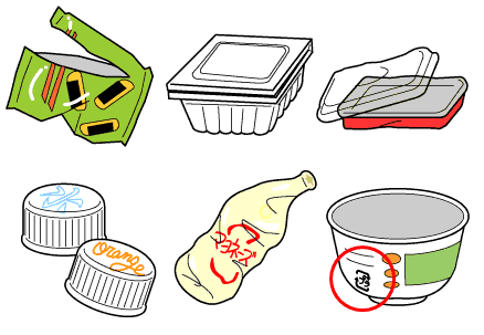 お菓子の袋、納豆の容器、透明の蓋の弁当容器、ペットボトルのキャップ、マヨネーズの容器、識別表示マークがついているカップ麵の容器のイラスト