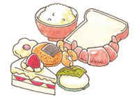 ご飯、パン、ショートケーキ、お菓子などの食品加工物のイラスト