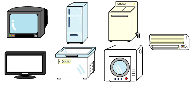 テレビ、冷蔵庫・冷凍庫、洗濯機・衣類乾燥機、エアコンなどの家電リサイクル対象機器のイラスト