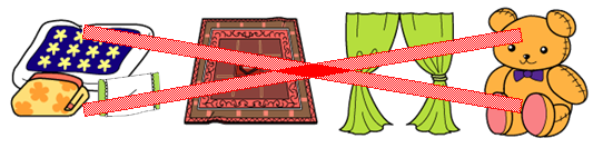 布団、じゅうたん、カーテン、ぬいぐるみなど回収できないものに赤色でバツ印が書かれているイラスト
