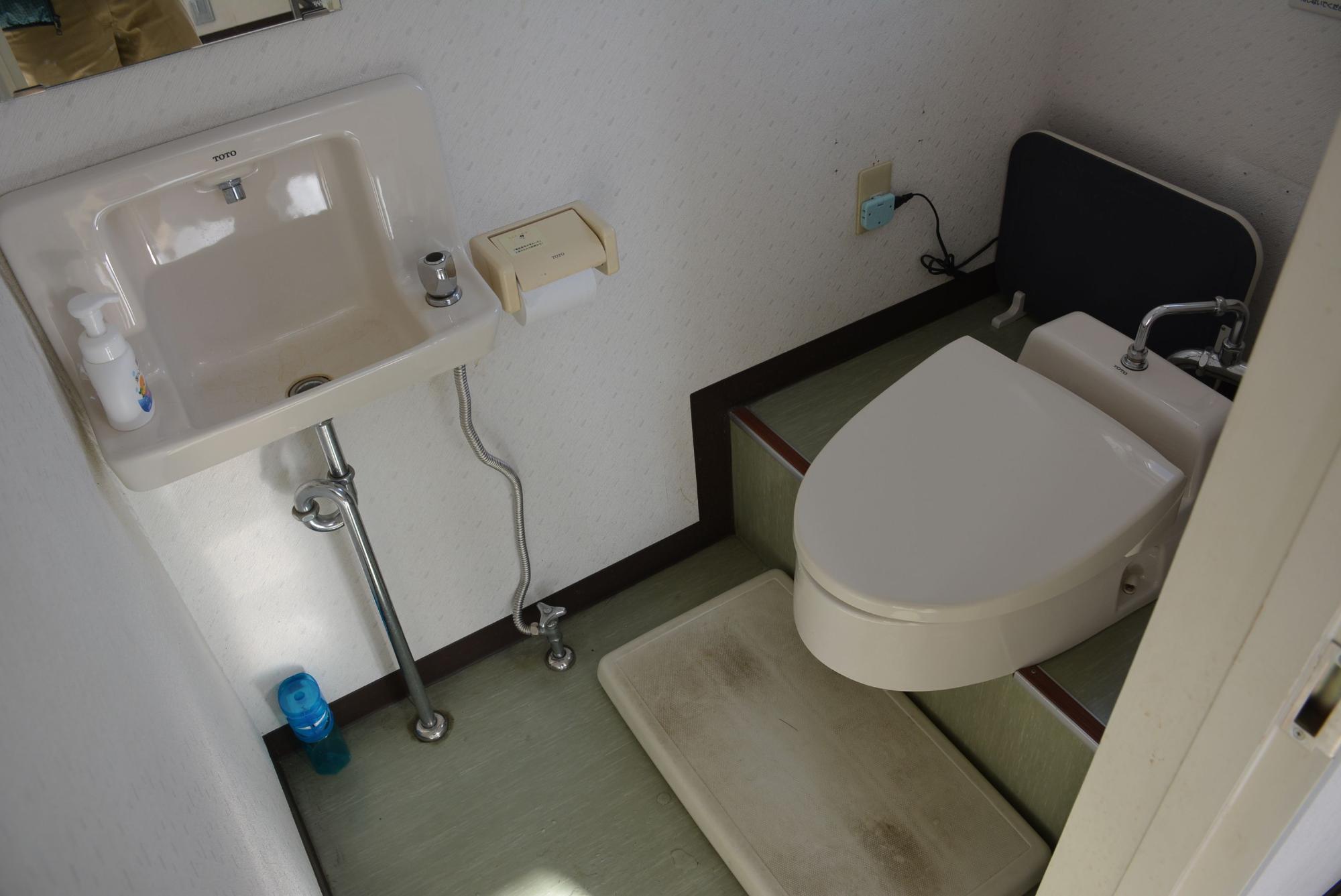 ハンドソープが置かれた手洗い場と洋式トイレの写真